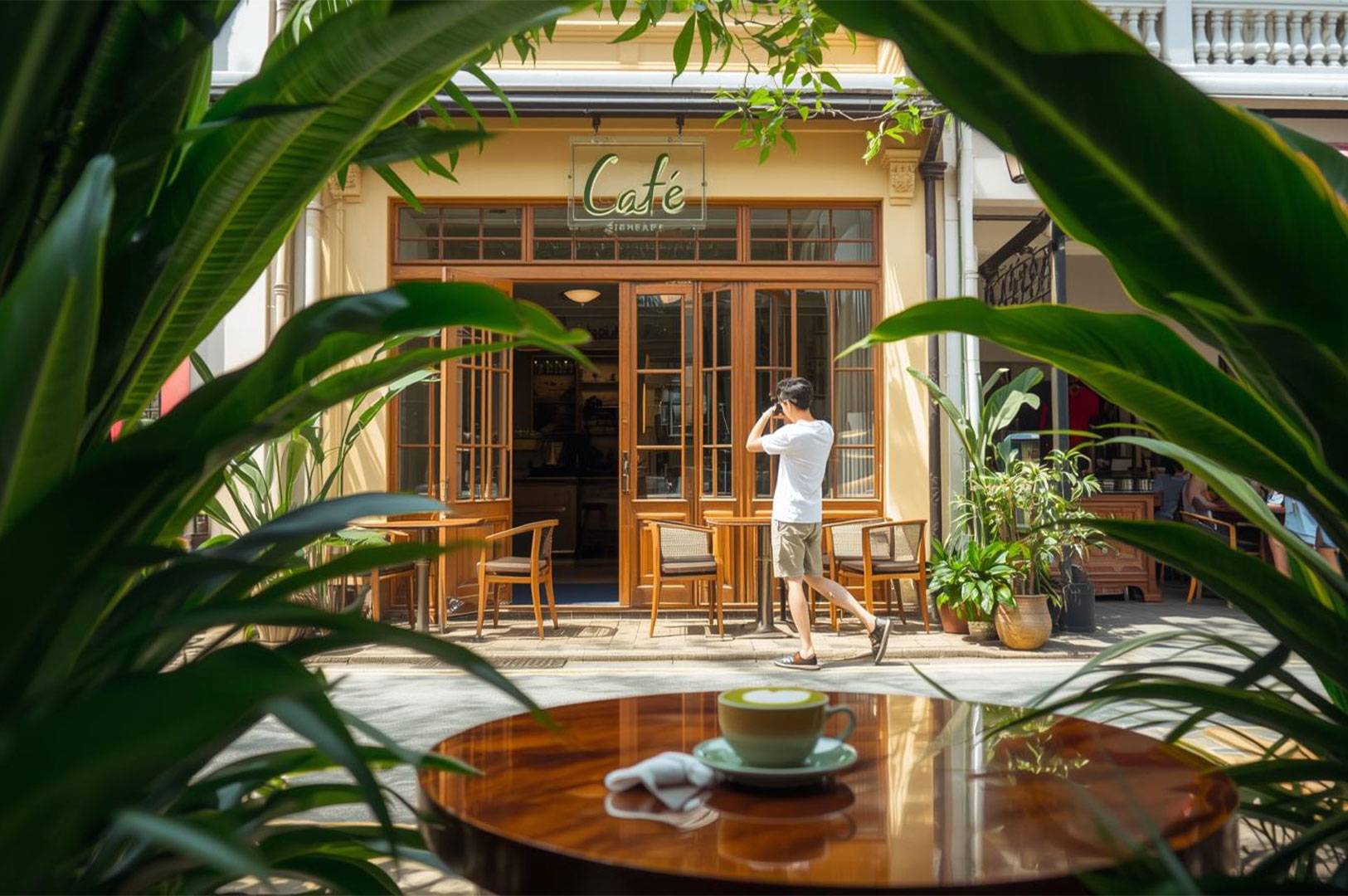 Charming cafe exterior with wooden french doors, outdoor tables and chairs, viewed through lush tropical foliage.