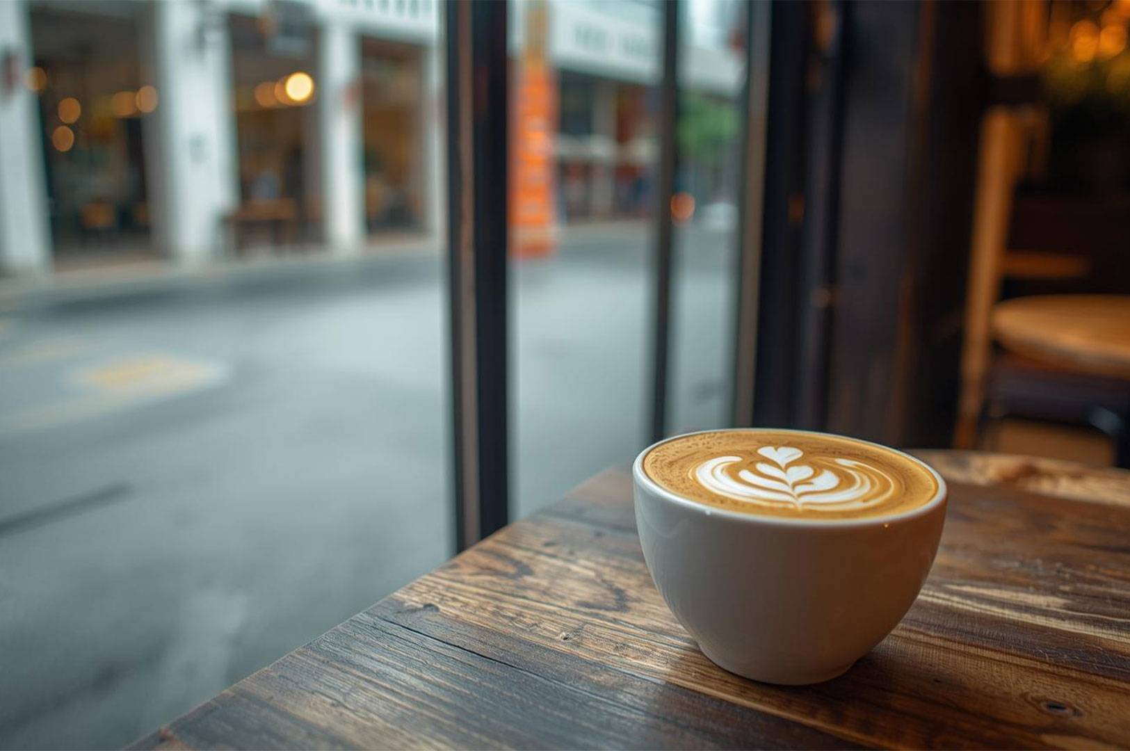 A close-up shot of a white cup of latte with heart-shaped latte art, sitting on a wooden table next to a large cafe window overlooking a blurry street.