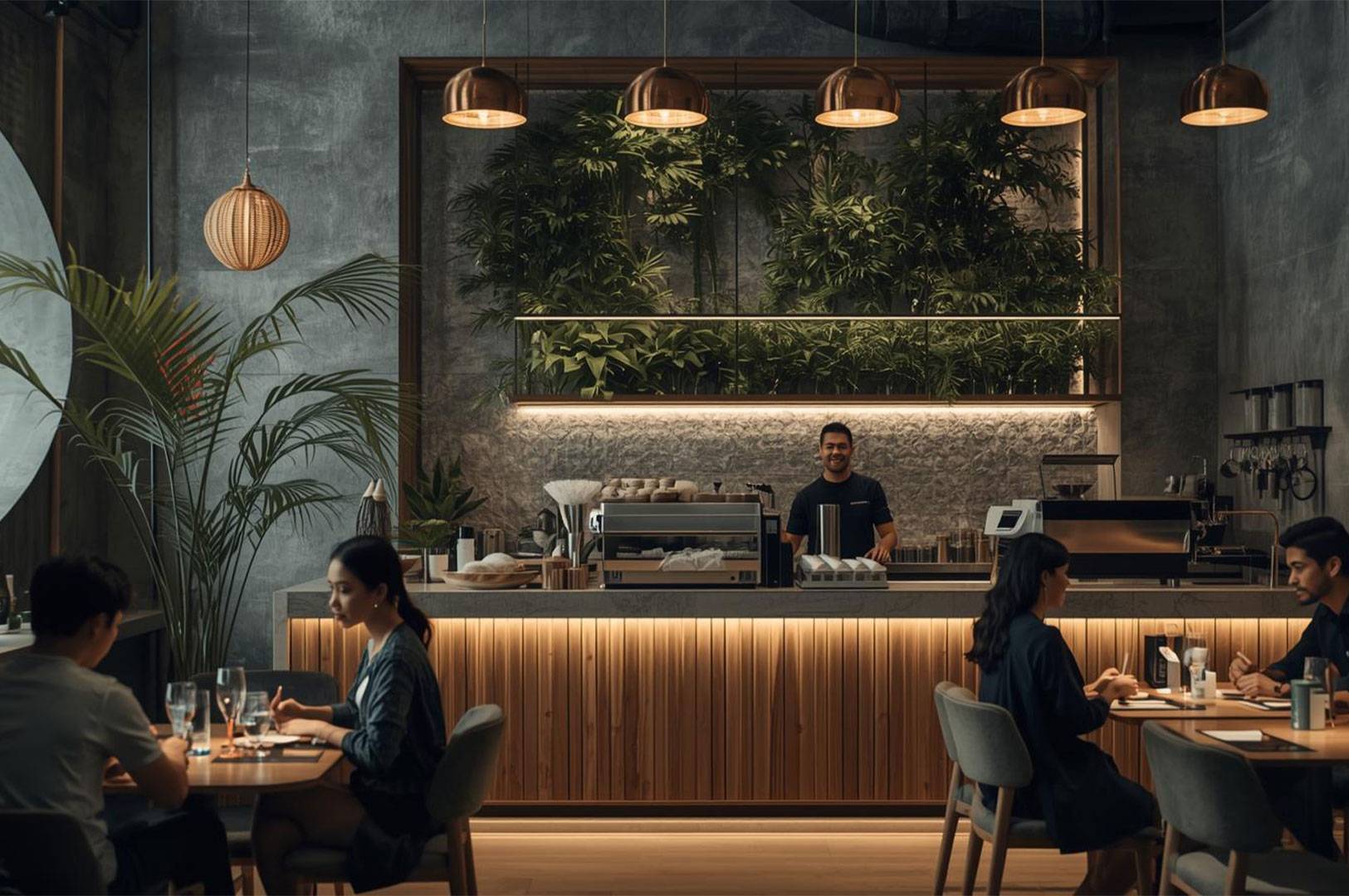 Modern cafe interior with a sleek counter, wood paneling, hanging lights, lush green plants, and customers seated at tables. A male barista smiles behind the counter.