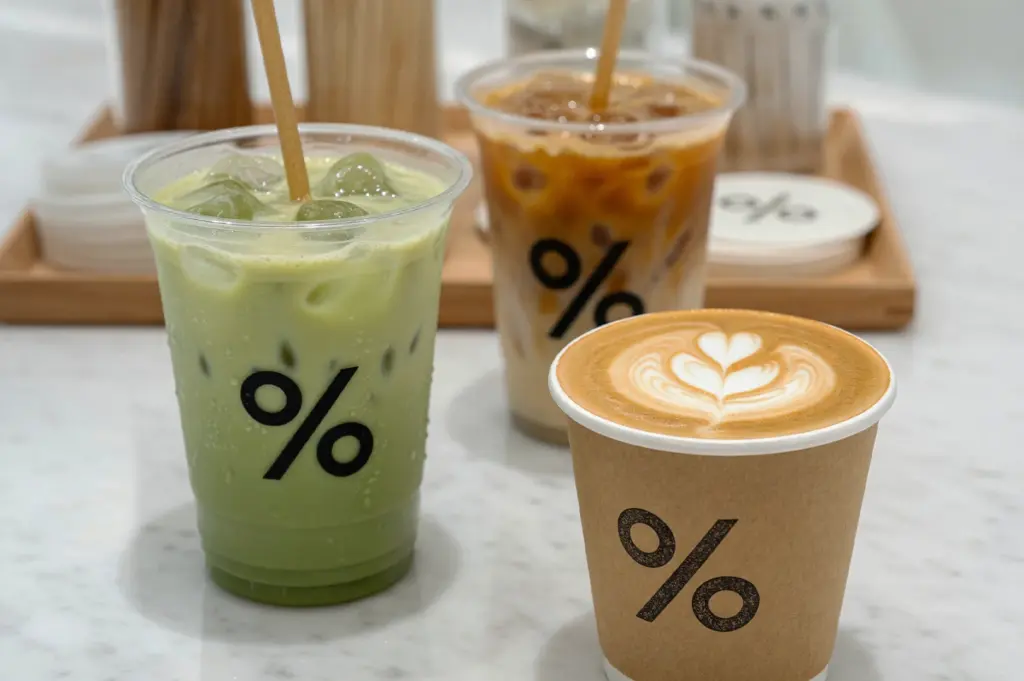 Three signature drinks from %Arabica, including an iced matcha latte, an iced coffee, and a hot Caffe latte in a paper cup with latte art, displayed on a marble table during Lunch.
