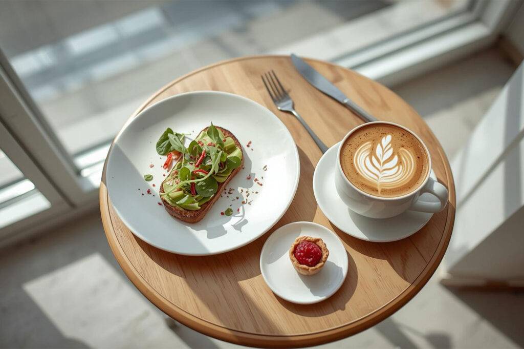 Overhead view of a light wood table featuring a plate of avocado toast topped with greens and chili flakes, a cup of latte with art, and a small raspberry tart.