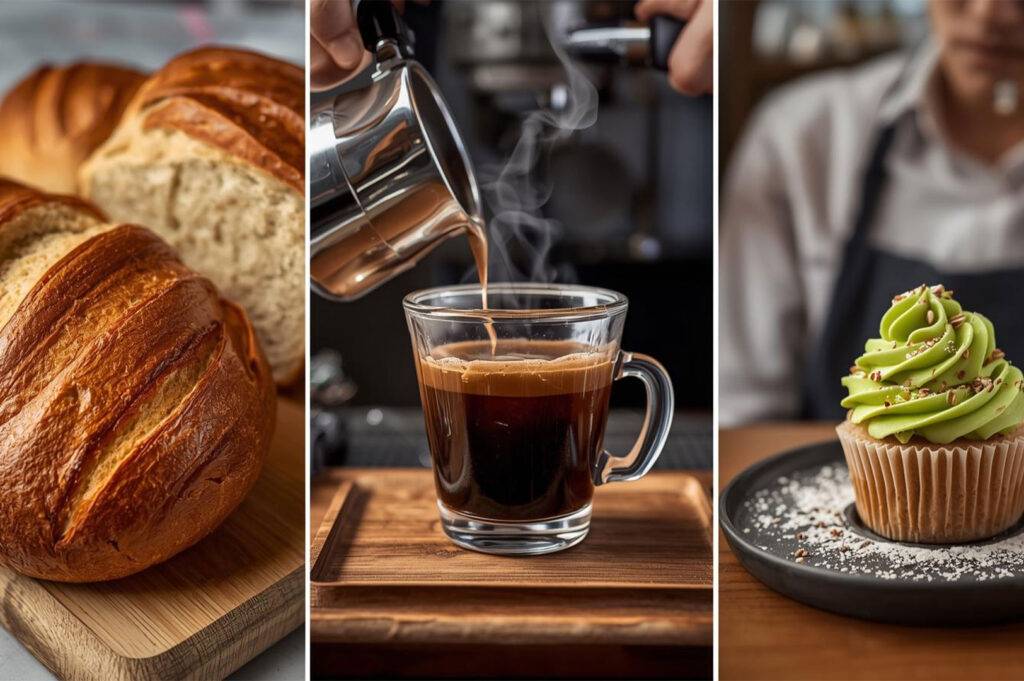 Triptych photo showing crusty loaves of bread, hot espresso being poured into a glass mug, and a pistachio green frosted cupcake.