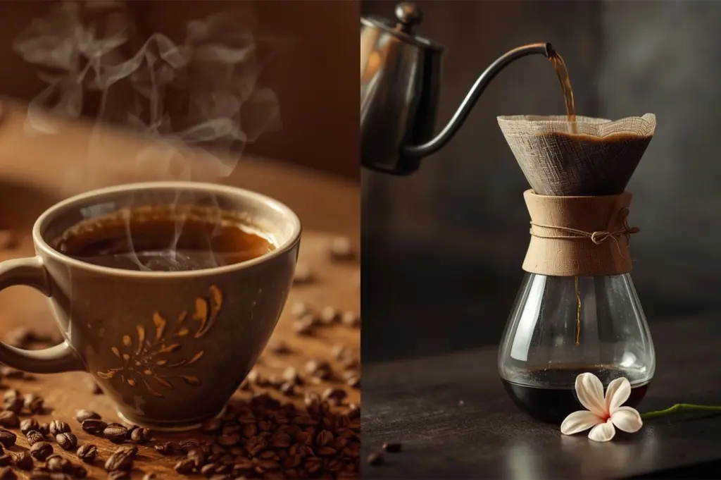 Split image: On the left, a steaming mug of black coffee surrounded by coffee beans. On the right, a hand-pouring method with a kettle over a coffee dripper and Chemex-style glass vessel.