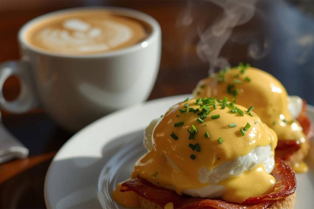 Close-up of two Eggs Benedict on bacon and toast, smothered in creamy Hollandaise sauce and topped with chives, with a steaming latte in the background.