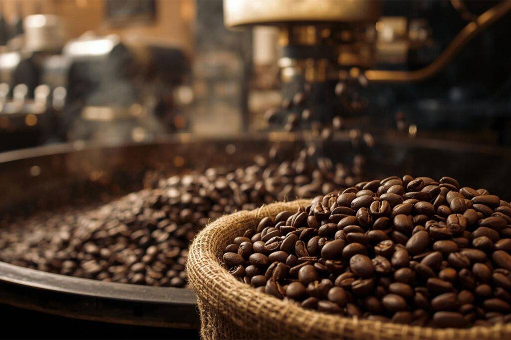 Close-up shot of freshly roasted dark coffee beans spilling from a large metal roasting machine into a burlap sack.