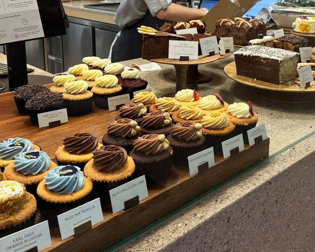 An inviting display of assorted muffins in classic flavours, baked to golden perfection and arranged neatly in a bright bakery counter.