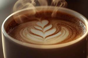 Close-up of steaming hot coffee with detailed latte art in a white cup, featuring a heart and leaf pattern.