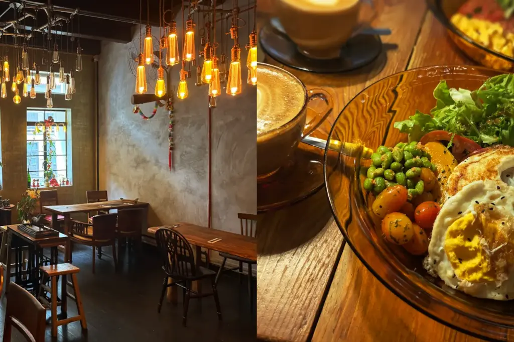 A split-view image highlighting the intimate, warm-lit setting of My Awesome Cafe on the left and a close-up of their signature brunch dish served with specialty coffee on the right.