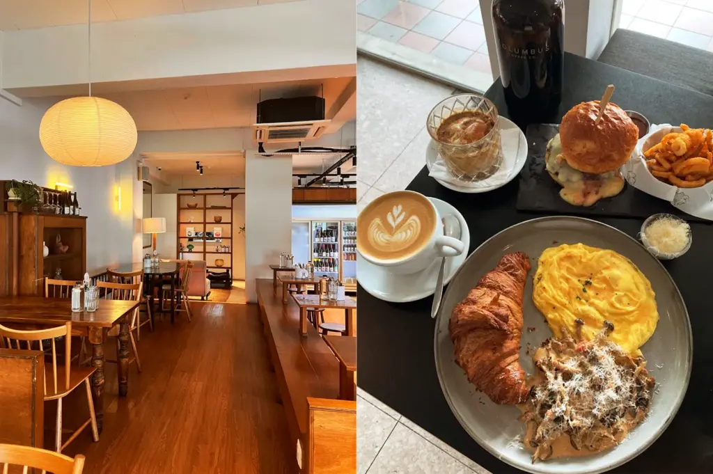 Split image featuring the rustic interior of Columbus Coffee Co. at Upper Thomson Road on the left, and a spread of their popular brunch dishes, burgers, and pastas, paired with a coffee with latte art and affogato on the right.