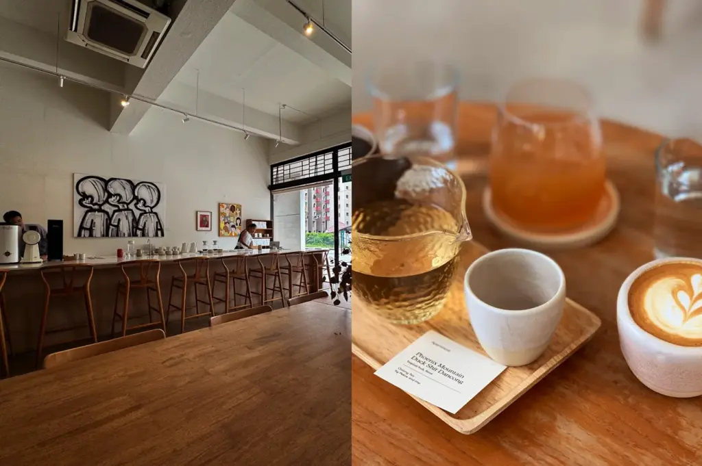 Split view image featuring the minimalist interior of Apartment Coffee on the left and a close-up of a specialty tea sampling set on the right.