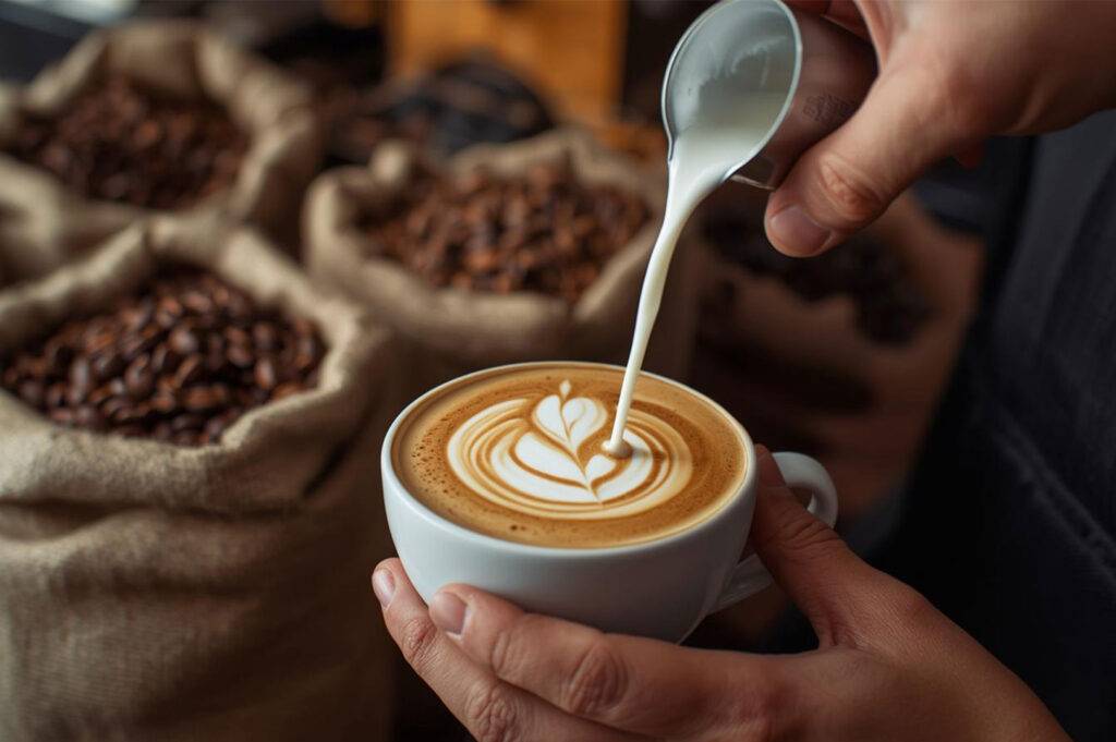 Barista hands pouring steamed milk to create latte art on a cappuccino, with burlap sacks of roasted coffee beans in the background.