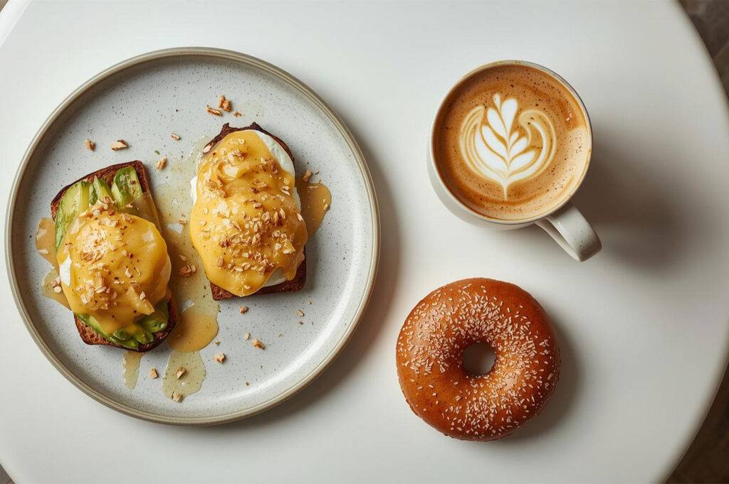 Delicious brunch setup with two slices of eggs benedict topped with avocado on a plate next to a latte with foam art and a sesame bagel.