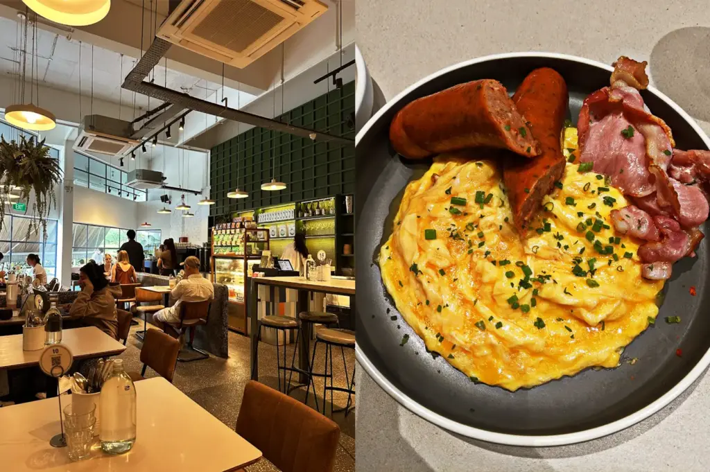 A split-view image displaying the inviting, plant-filled atmosphere of Atlas Coffeehouse on the left and their signature brunch set featuring creamy eggs and maple-glazed bacon on the right.