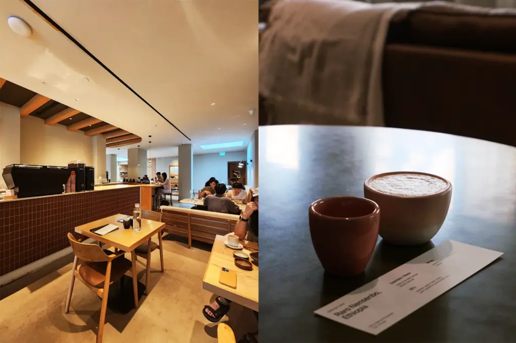 Split view image showcasing the minimalist interior of Homeground Coffee Roasters in Tiong Bahru on the left, and a close-up of a single origin brew served with an information card on the right.