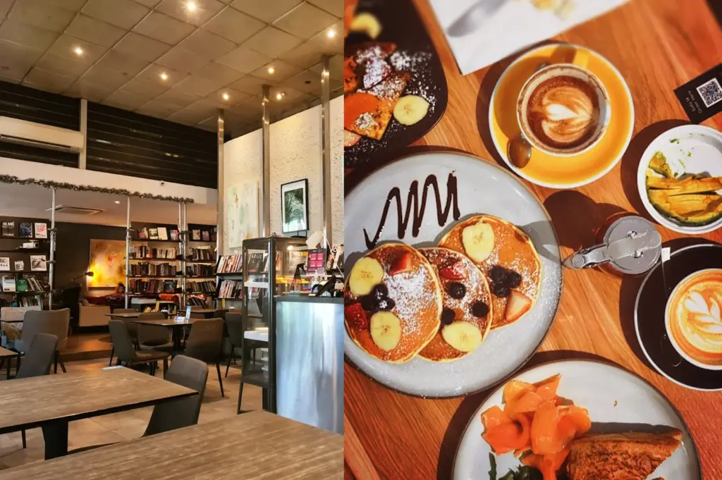 A split-view image showing the cozy, book-lined interior of The Book Cafe on the left and a vibrant top-down view of their indulgent sweet treats, such as fluffy pancakes, smashed avocados, fruit jam and french toast, served alongside specialty coffee on the right.