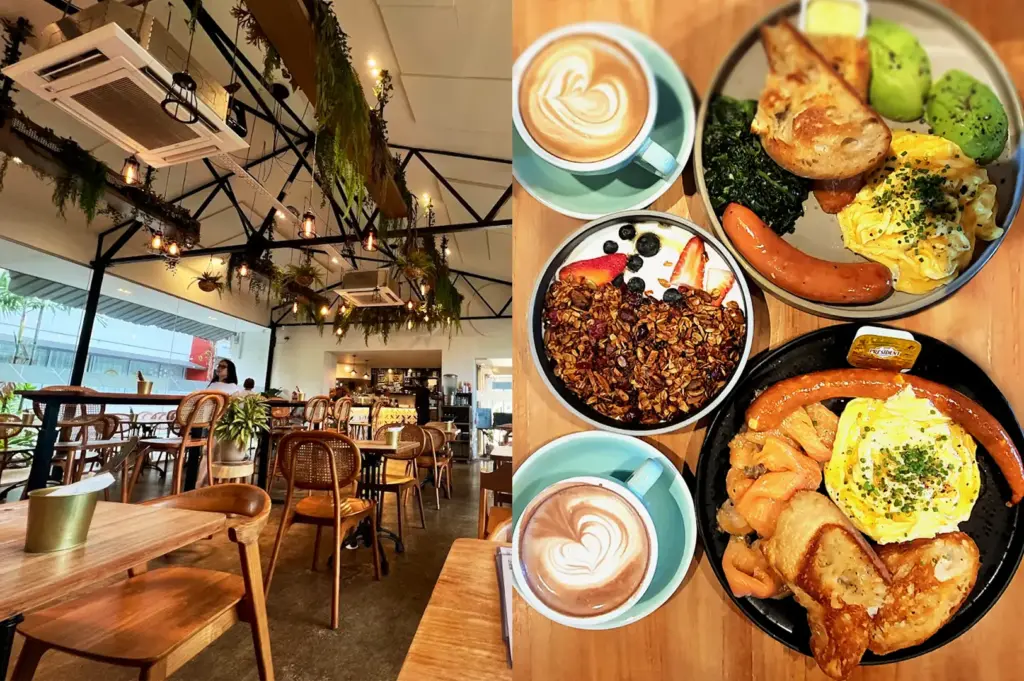 A split-view image capturing the lush, airy interior of The Brewing Ground on the left and a selection of their hearty brunch plates accompanied by specialty coffee on the right.