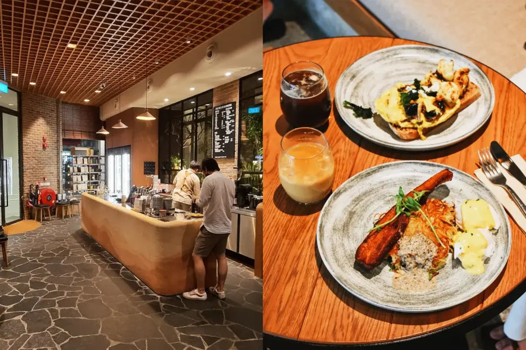 Split view image showing the industrial-chic counter at Five Oars Coffee on the left, paired with cold brew coffee, and a spread of brunch dishes on the right.