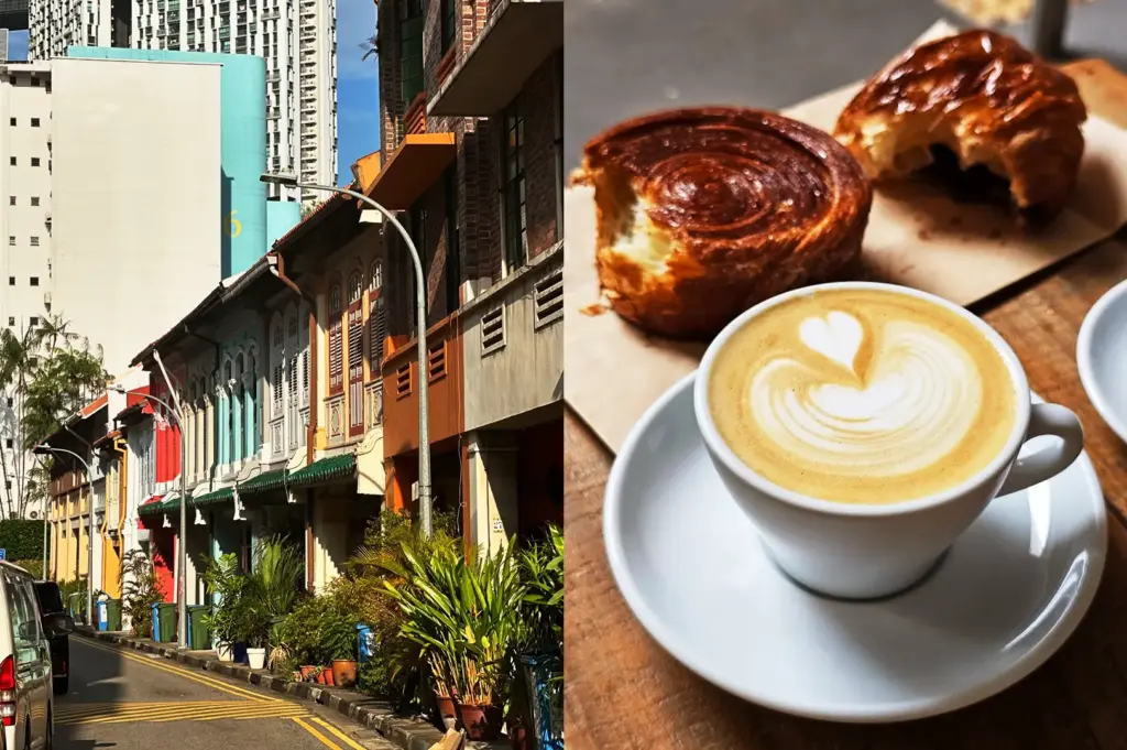 A split-view image displaying the iconic shophouse streetscape of Everton Park perfect for café hopping on the left and a close-up of a specialty brew from Nylon Coffee paired with a flaky, golden pastry on the right.