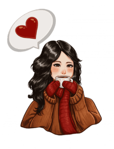 A cozy illustration of a girl wearing a beanie and scarf, holding a steaming mug of hot coffee or cocoa and enjoying the aroma.