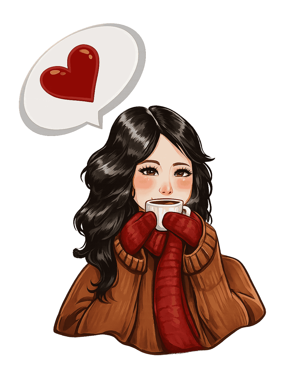 A cozy illustration of a girl wearing a beanie and scarf, holding a steaming mug of hot coffee or cocoa and enjoying the aroma.