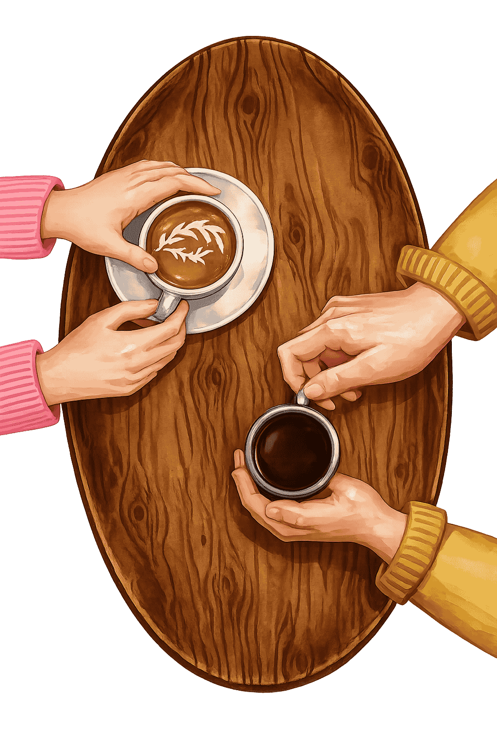 Flat vector illustration of two women sitting at a cafe table with a teapot and plant, enjoying a conversation over coffee in Singapore.