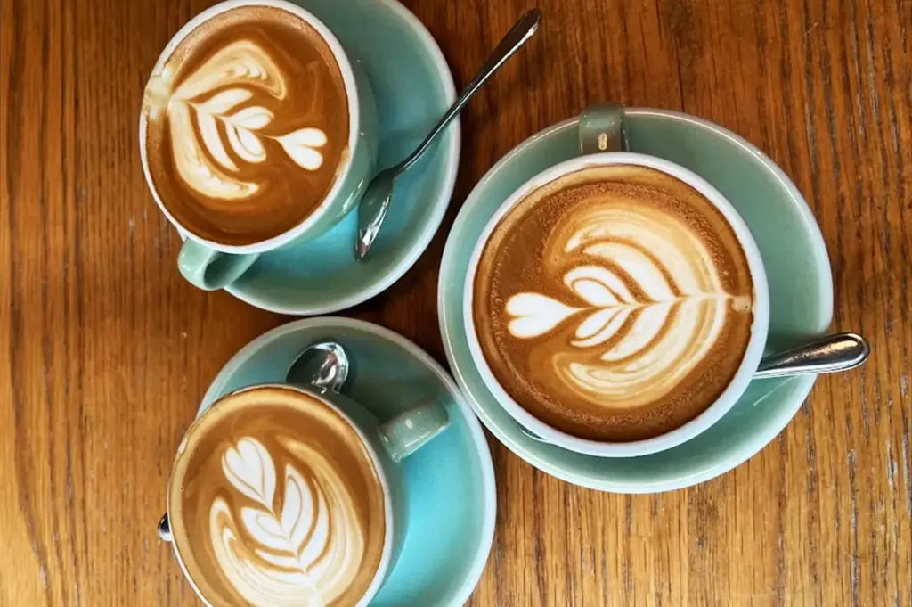 Three cups of freshly brewed coffee arranged together, highlighting different textures and tones, perfect for a shared coffee moment at Common Man Coffee Roasters.