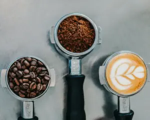 A close-up of whole coffee beans arranged beside freshly ground coffee powder, highlighting the contrast between the rich brown beans and the fine texture of the ground coffee used for brewing.