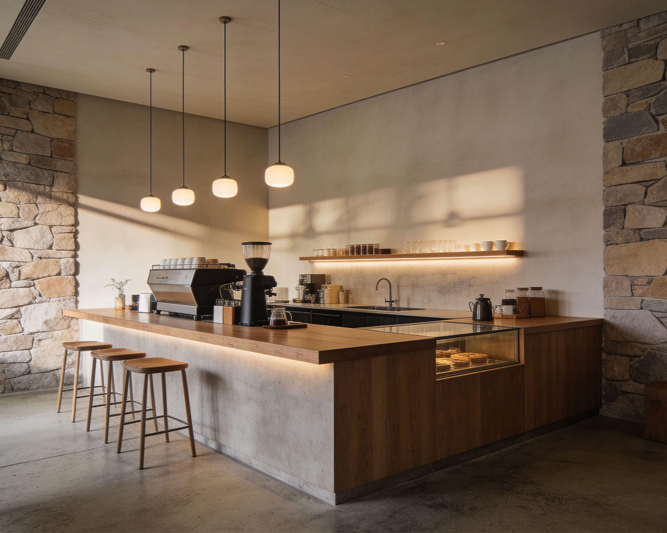 A warm, modern café interior featuring a professional espresso machine on the counter, surrounded by wooden shelves, cups, and soft ambient lighting that creates a cosy atmosphere.