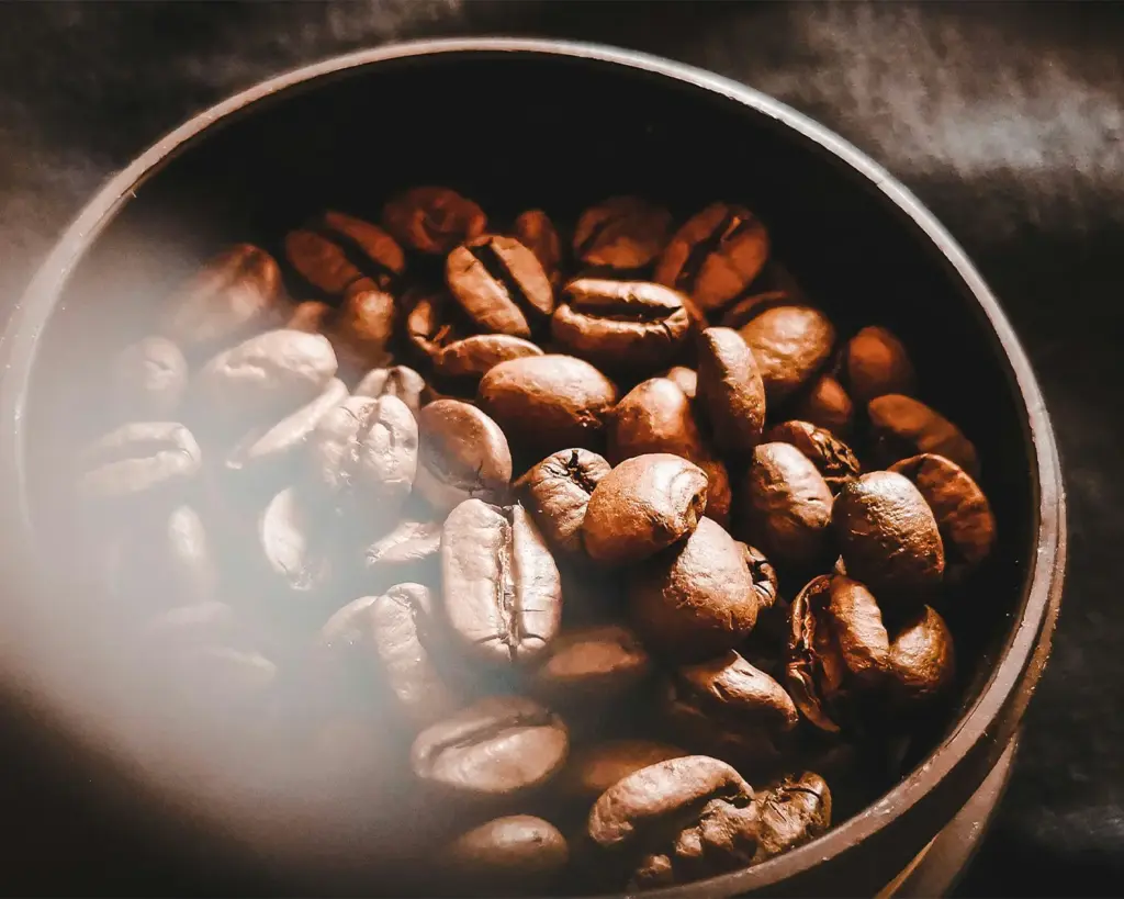 A bowl filled with glossy roasted coffee beans, showcasing their rich colour and smooth texture, commonly used for brewing aromatic coffee.