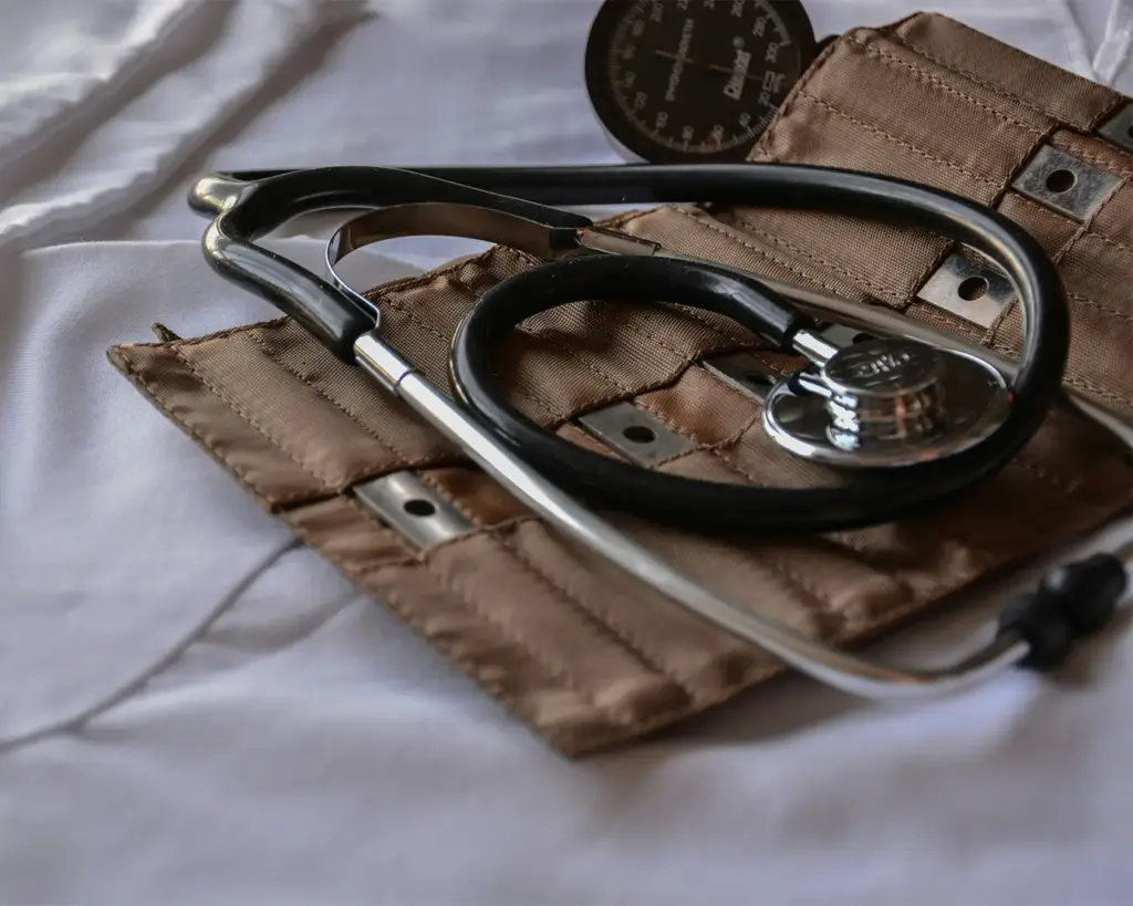 A neatly arranged stethoscope used by healthcare professionals, representing medical care, patient examination, and clinical practice.