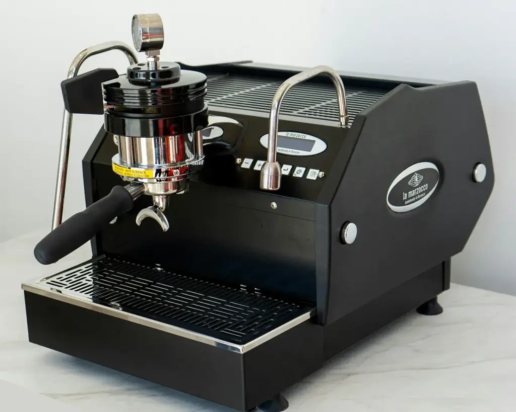 A coffee machine for brewed coffee and transforming roasted and ground coffee beans into a rich cup of coffee.