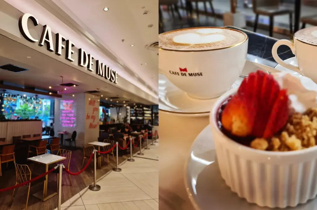 A split-view image showcasing the elegant storefront of Cafe de Muse in Orchard Plaza on the left, and a close-up of a premium latte and a fresh strawberry-topped dessert served in branded Cafe de Muse tableware on the right.