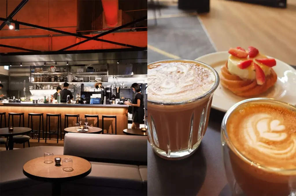 A split-view image showing the cozy, warm-lit interior and open kitchen bar of Third Floor cafe in Orchard Plaza on the left, and a close-up of latte art coffee served with a strawberry-topped pastry on the right.