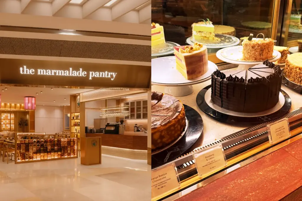 A split-view image featuring the warm, inviting entrance of The Marmalade Pantry in Orchard Plaza on the left, and a close-up of a glass display case filled with a variety of artisanal cakes and desserts on the right.