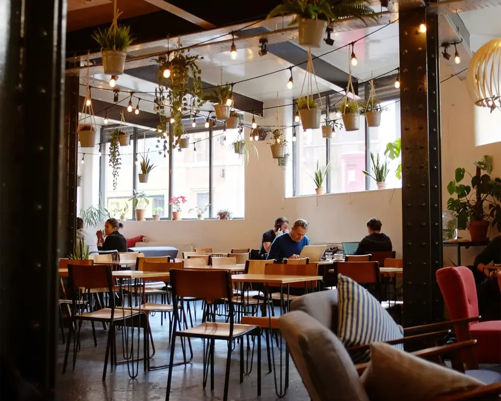 Cozy café interior with wooden tables and chairs, hanging plants, and string lights. People working on laptops create a focused, relaxed atmosphere.