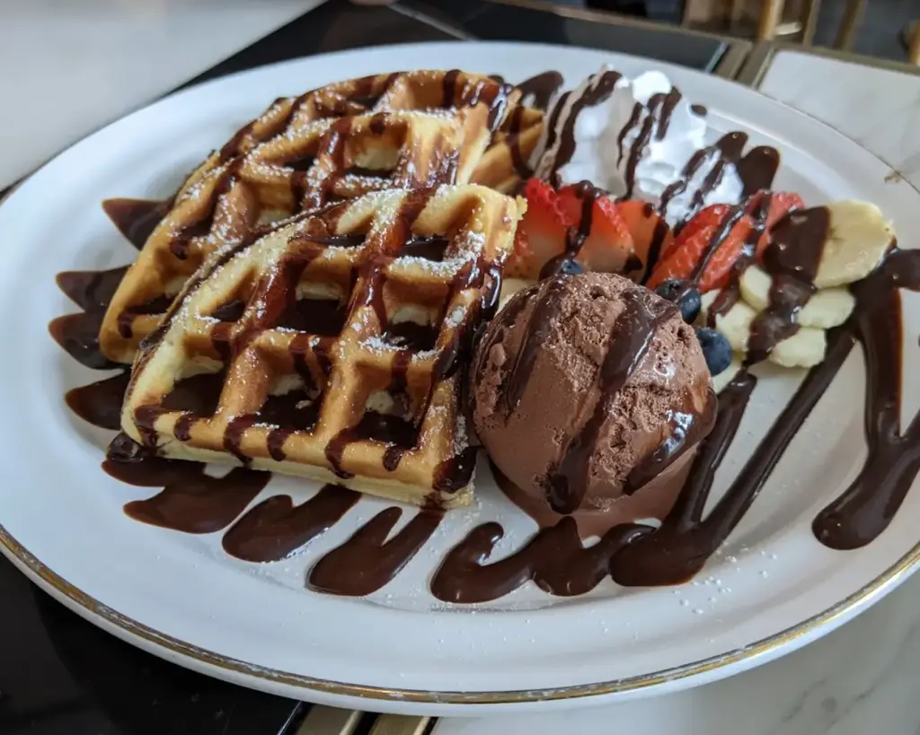 Waffles drizzled with chocolate sauce, served with a scoop of chocolate ice cream, fresh strawberries, bananas, blueberries, and whipped cream on a white plate.