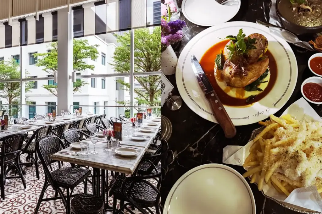A split-view image featuring a bright, elegant dining space at PS.Cafe in Orchard Plaza with floor-to-ceiling windows on the left, and a close-up overhead shot of a gourmet plated meal and the signature truffle fries on the right.