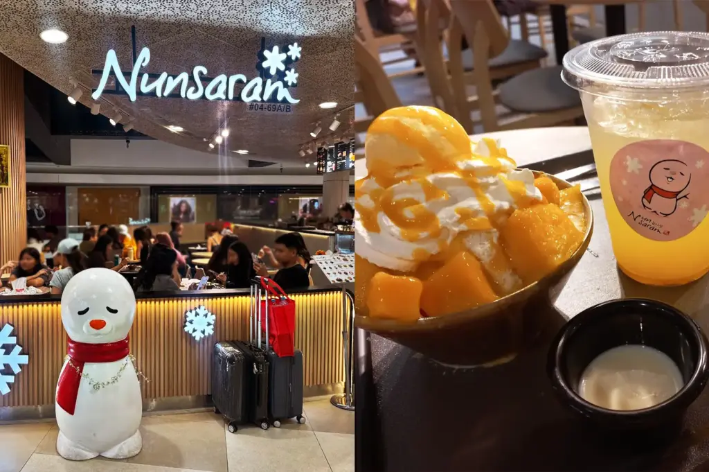 A split-view image featuring the exterior of Nunsaram Korean Dessert Cafe at Plaza Singapura on the left with its signature snowman mascot, and a close-up of the favorite refreshing mango bingsu with a cold korean tea beverage on the right.