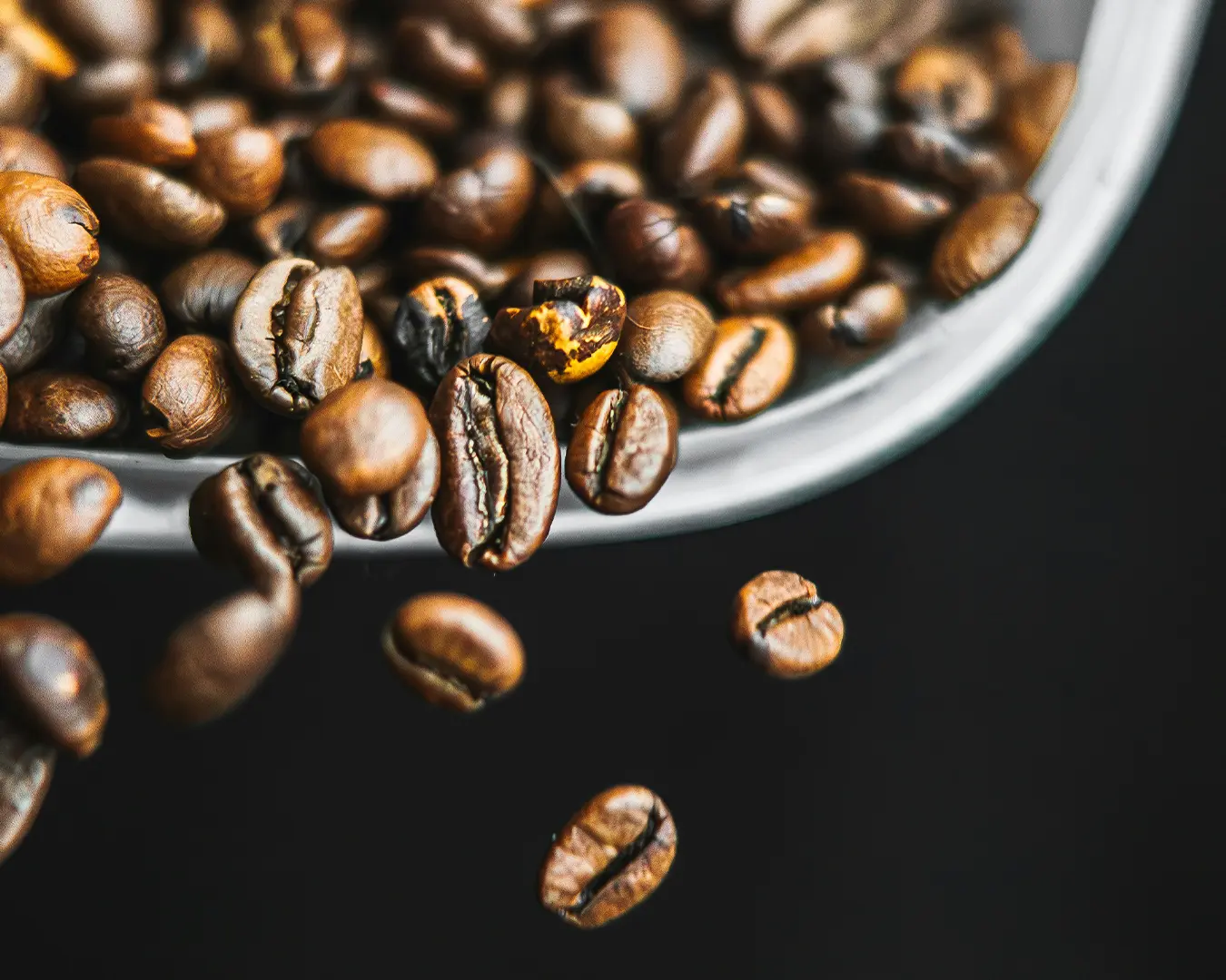 Close-up of coffee beans spilling from a white container against a dark background. The rich brown color and textures suggest freshness and aroma.