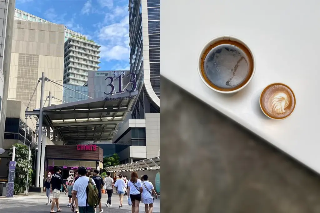 A split-view image showcasing the vibrant 313@somerset shopping mall exterior on a sunny day, alongside a top-down view of artisanal black coffee and a latte with latte art, highlighting popular spots for coffee and light dining in the Somerset area.