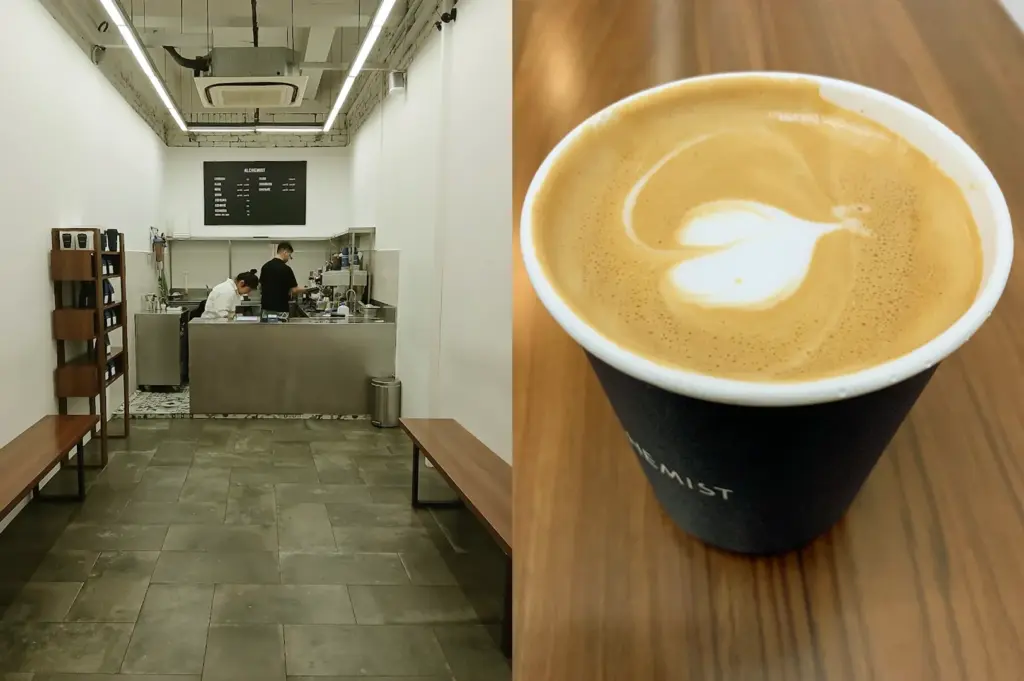 Inside look at Alchemist, a specialty coffee shop with a clean, industrial aesthetic and a close-up of their signature barista-crafted latte, perfect for a caffeine break during lunch hours near Maxwell Food Centre.