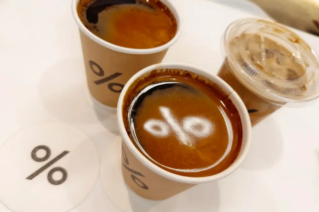 Freshly brewed specialty coffee served in iconic branded paper cups at % Arabica, a highly-rated coffee destination for strictly coffee lovers in Somerset.
