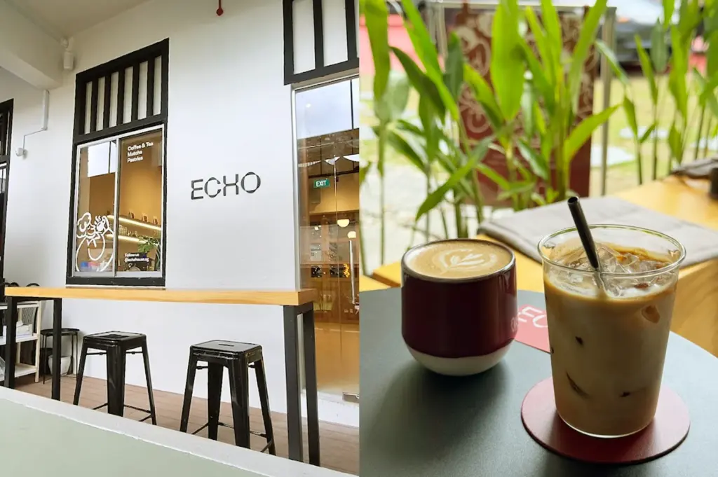 A bright, inviting seating area at Echo (Coffee, Matcha & Tea) showing their minimalist decor and a selection of freshly prepared coffee and tea drinks, located conveniently near Maxwell Food Centre.
