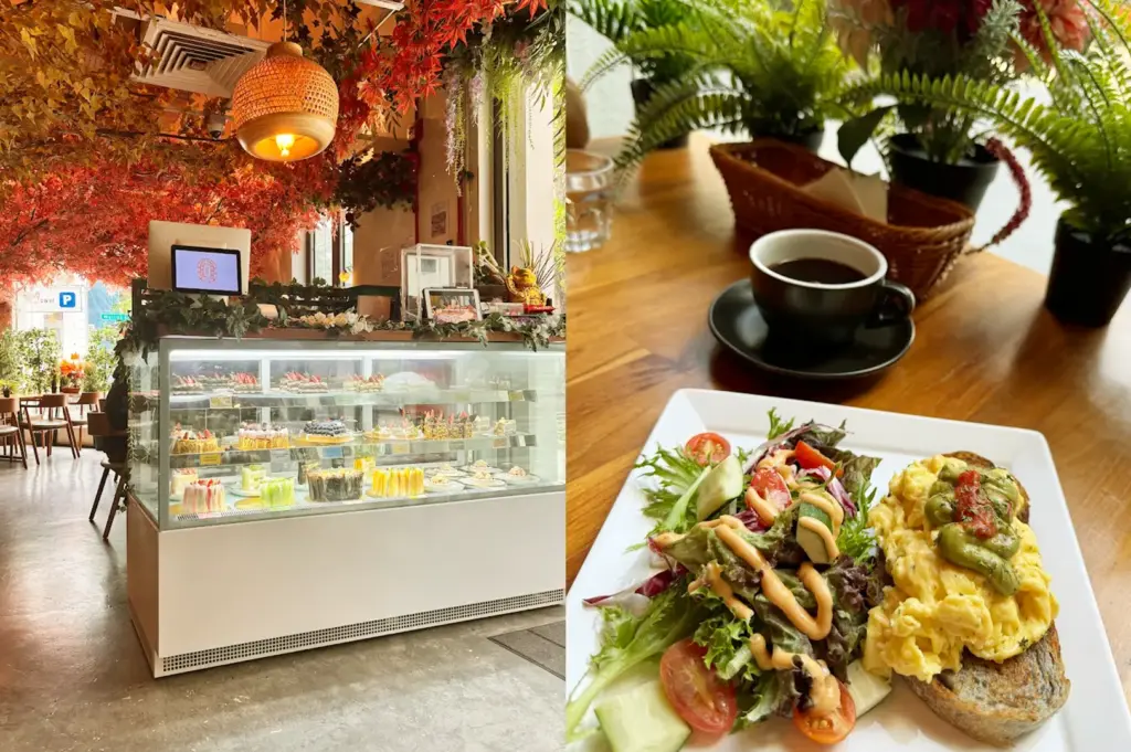 A view inside Cafe Kreams, showcasing its unique autumn-themed interior with maple leaf decor and a gourmet brunch plate served with a freshly brewed cup of coffee near Maxwell Food Centre.