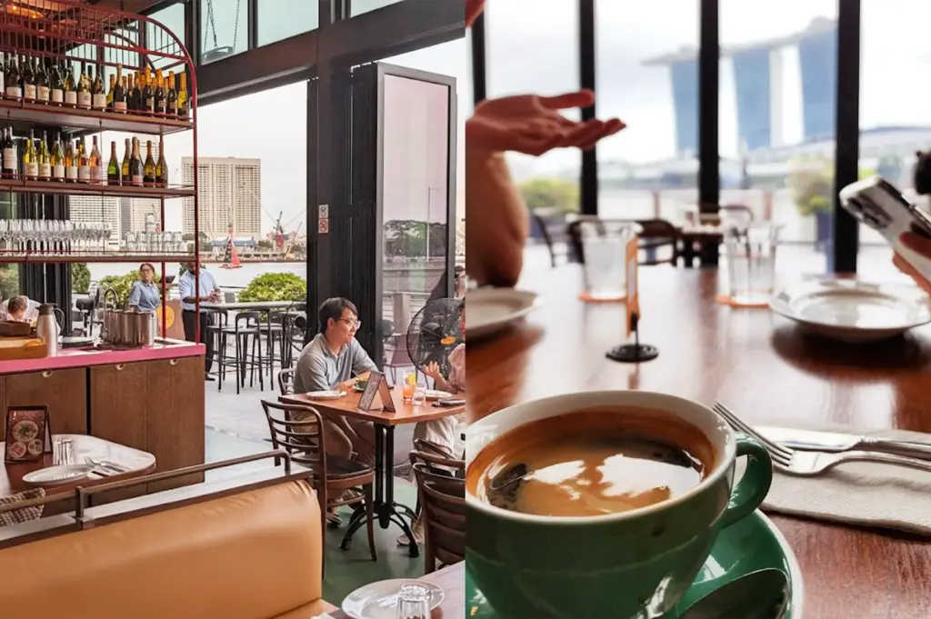 A split-view image of Caffe Fernet near Clarke Quay, featuring an interior dining scene with a wine rack overlooking the river and a close-up of hot coffee on a table with a scenic view of Marina Bay Sands in the background.