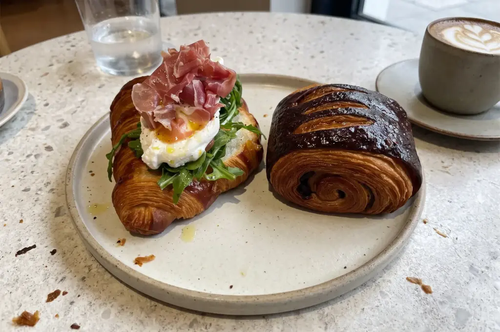 Ami Patisserie pastry menu items with appetizing toppings on a white round plate.