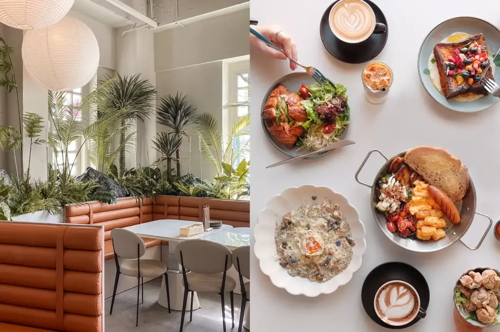 A split view of Home Dawn cafe at Clarke Quay, featuring a bright, tropical-inspired interior with tan leather booth seating, lush potted palms, and paper lanterns, alongside an overhead shot of a delicious brunch spread for sharing, including gourmet breakfast dishes, pastries, and latte art coffee.