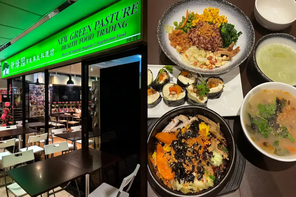 A split-view image showcasing the storefront of New Green Pasture Cafe in Fortune Centre on the left, and a top-down view of a variety of colorful, healthy organic vegetarian dishes and soups served at the cafe on the right.