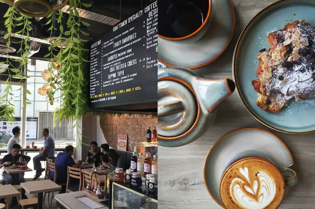 Interior view of Craftsmen Specialty Coffee featuring a modern cafe atmosphere with customers eating, seated at tables, a prominent coffee bar menu board, and a top-down view of specialty coffee with latte art and a pastry plate.