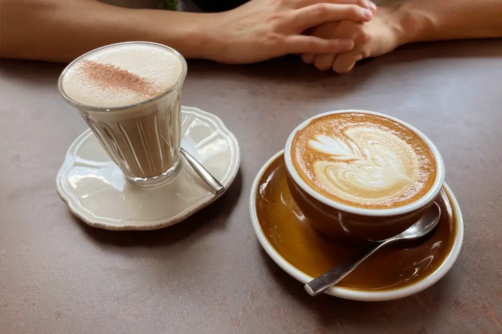 Close-up of two specialty coffee drinks, a flat white with an intricate heart latte art and a chai latte, served at Common Man Coffee Roasters at Joo Chiat Road.